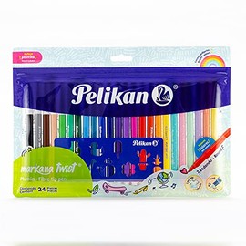 Pelikan Markana Twist, Bolsa Plástica Transparente con 24 Plumones de Punta Redonda, Colores Surtidos con Tinta a Base de Agua y Plantilla de Plástico