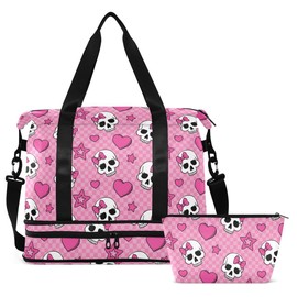 Travel Duffel Tote Bag Pink Skull Girl Sports Duffel Bag with Wet Pocket Weekender Overnight Bag for Women Men Gym Bag, Carry On Bag Hospital Bag for Labor and Delivery