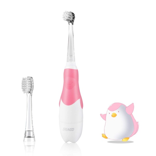 Seago Baby Electric Toothbrush for Toddlers from 0 to 3 Years Old, Sonic Toothbrush with LED Light Brush Intelligent Timer Waterproof IPX7，Baby Gift (513Pink)……