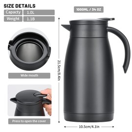 MUCR 34 Oz Thermal Coffee Carafe, Coffee Dispenser, Insulated Stainless Steel Coffee Carafes for Keeping Hot Coffee & Tea for Hot 12 hrs and Cold 24 hrs, 1L/Black