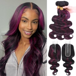 ALHER 1B/Purple Highlight Bundles with 2x6 Long Deep Part Closure 18 20 22+18 IN, Dark Purple Burgundy Ombre Colored Bundles with 2x6 Lace Closure, 10A 100% Unprocessed Virgin Remy Hair Soft Wavy Hair