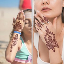 8 Sheets Brown Tattoos Stickers, Mehndi Temporary Tattoos Set Waterproof Tattoo Stickers for Hand Arm Adult Girls