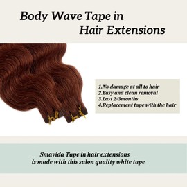 Dark Auburn Body Wave Tape in Human Hair Extensions Seamless Skin Weft Mapel Leaf Red Invisible Adhesive Tape in 100% Remy Hair Extensions 20pcs 40g/pack (18Inch Colored #33 Body Wave)