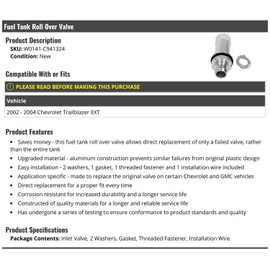 Fuel Tank Roll over Valve - with Washers, Gasket, Threaded Fastener, and Installation Wire - Compatible with 2002-2004 Chevy Trailblazer EXT