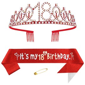 Yijunmca Red 18th Birthday Sash for Girls Birthday Princess Crown Queen Tiara Rhinestone Birthday Headbands Birthday Girl Sash Happy Birthday Decorations for Girls 18 Year Old Birthday Party Supplies