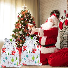 QRTDXP 39 * 51cm Large Size Xmas Gift Wrapping Bag, 4pcs Colourful Christmas Goody Drawstring Bag with Snowman and Santa Claus for Christmas Party-white