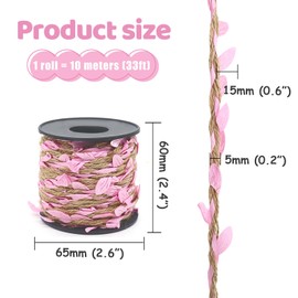 33ft Twine with Small Leaves, 3-ply Natural Jute Twine Leaf String 5mm, Artificial Leaves Twine for Crafts (Pink Leaves)