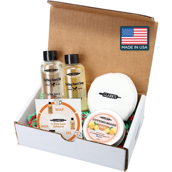 CLARK'S Cutting Board Care Gift Set - Cutting Board Soap, Food Grade Mineral Oil, Wax, and Buffing Pad Protects & Restores Wood, Bamboo Enriched with Orange & Lemon Oils. Small Sizes for a Big Impact!