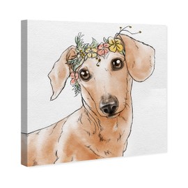 The Oliver Gal Artist Co. Animals Wall Art Canvas Prints 'Floral Crown Dachshund' Home Décor, 12" x 12", Brown, Green