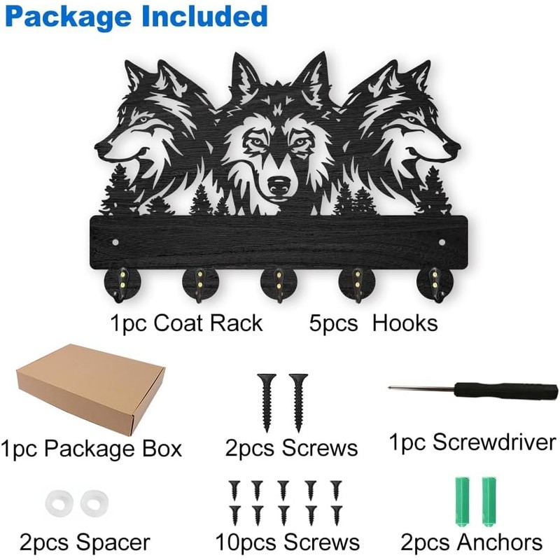 AIENAI Wolf Design Wall Mount Key Holder, 5 Metal Hooks,