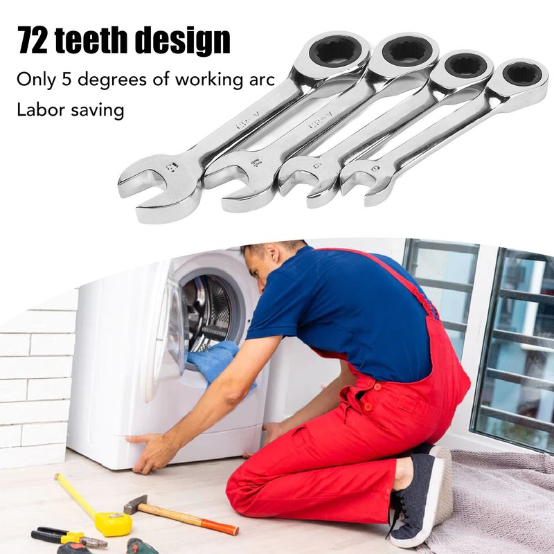 4pcs Short Ratcheting Wrench Set 72 Tooth 8mm 9mm 11mm