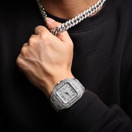 HALUKAKAH Diamonds Gold Watch Iced Out, Men's Platinum White Gold Plated 40MM Width Square Dial Quartz Wristband 24cm with Cuban Link Chain 45cm Necklace Set, Free Giftbox