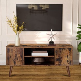 TINKLE WELL Retro TV Stand for Televisions up to 42 Inches, Mid-Century Modern Console Table & Entertainment Center with Stroage Shelf & Cabinet for Living Room, Rustic Brown