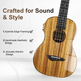 Caramel 30 inch CB103 Zebra wood High Gloss Baritone LCD color display Electric Ukulele Professional Ukelele Kit Beginner Travel Guitar Starter Pack Bundle, Padded Gig Bag, Strap Set