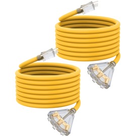 25Ft 12 Gauge Outdoor Extension Cord with 3-Outlets, 2 Pack, Heavy Duty 3 Prong Extension Cord Waterproof with Lighted end, 15A SJTW, ETL Listed, Yellow