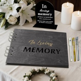 Wooden Memorial Guest Book for Funeral & Celebration of Life - 8.3" x 11.7" Large Memory Book with Black Pages for Polaroid Photos - Includes 3 Metallic Pens, 408 Photo Corners & Acrylic Table Sign