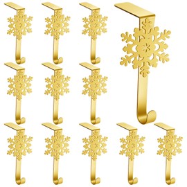 Lounsweer 12 Pieces Snowflake Christmas Stocking Holders Metal Mantel Stockings Hangers Stand Christmas Ornament Hooks Stocking Hangers Metal Fireplace Stocking Clips for Xmas (Gold)