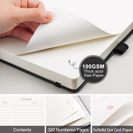 AHGXG Dotted Journal, 320 Numbered Pages Dot Grid Notebook A5 Thick Journal, 100gsm Thick Dotted Paper, Leather Hardcover, Inner Pocket, 5.7"×8.3"-Black