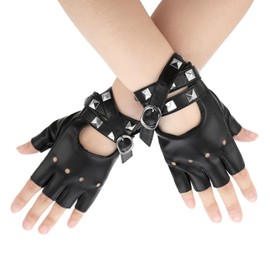 EupHHonycs Leather Punk Gloves, Black Fingerless Faux Leather Gloves, PU Faux Leathers Outdoor Sport Half Finger Glove with Belt Up Closure and Rivet for Women, Teens, Kids