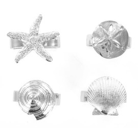 Pewter Seaside Seashell Starfish Napkin Rings Set of 4