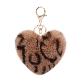 Women's Heart Puffball Keychain Faux Fur Pom Pom Keyholder Bag Accessory Keyring Backpack Charms for Girls(Leopard-brown)