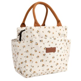 Joymee Lunch Bag Women Insulated Lunch Box Reusable Leakproof Large Spacious Cooler Tote for Women Men Adult with Bottle Holder and Side Pockets for Work Office Travel Picnic - Yellow Little Floral