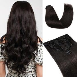 UK-Fashion-Shop Human Hair Extensions Clips in Real Hair Extension 8pcs 18 clips Long Straight Natural 14inch(60g)#1B Natural Black
