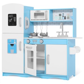 Kinder King Wooden Kids Play Kitchen, Toy Kitchen Playset for Toddler, Pretend Oven, Microwave, Telephone, Chalkboard, Interactive Doors, Knobs, Realistic Kitchen Sets for Boys Girls Age 3+, Blue