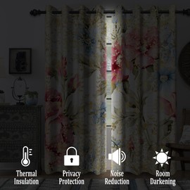 Renaiss Floral Blackout Curtains for Bedroom Watercolor Pink Blue Rose Flower Blossom Leaves Window Curtain Botanical Thermal Insulated Window Drapes for Living Room 2 Panels Set, 42x84 Inch