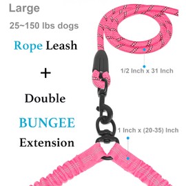 iYoShop Dual Dog Leash - 360° Swivel, No Tangle Walking Leash with Shock Absorbing Bungee for Two Dogs (Large, 25-150 lbs, Pink)