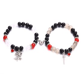 Cross Matching Bracelets for Couple Women Men Vintage Crucifix Heart Stone Bracelet Pink Green Beads Bracelets Friendship Relationship Promise Bracelet for Best Friends Trendy Jewelry Gifts (E)