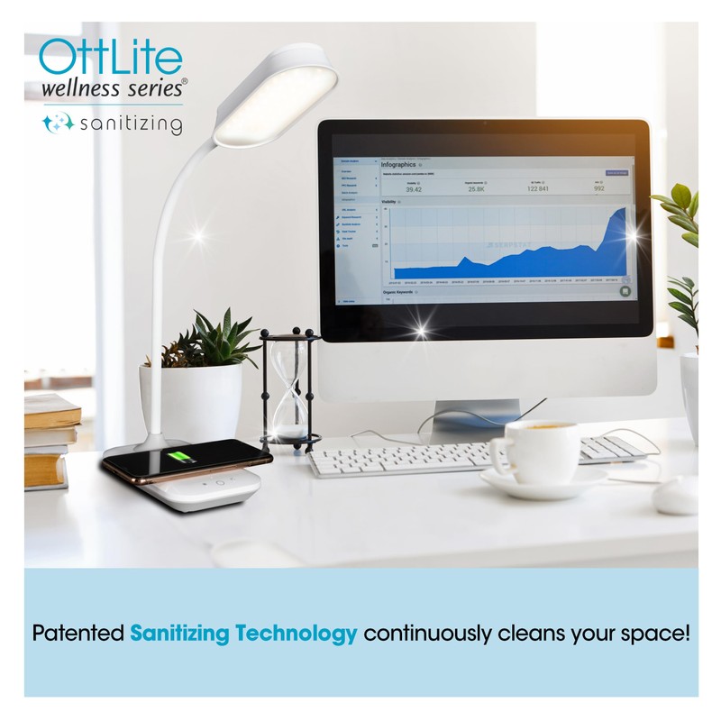OttLite Achieve LED Sanitizing Desk Lamp Wireless Charging and USB