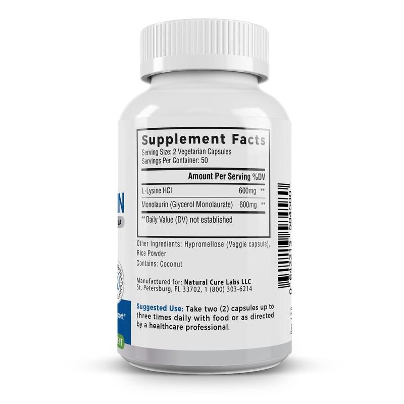 L-Lysine + Monolaurin 600mg – 1:1 Ratio, 100 Capsules –