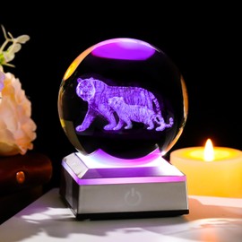 3D Tiger Figurine Crystal Ball with Colorful Light Base, Tiger Gifts for Women Men on Mothers Fathers Day Christmas Birthday Laser Engraved Tiger Glass Decorative Ball for Home Office Lamp (80mm)