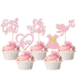 30 piezas de adornos de cupcakes de Oh Baby con purpurina It's a Girl para magdalenas, vestido de amor, corazón, baby shower, decoración de tartas para revelar género, baby shower, suministros para fiestas de cumpleaños, color rosa claro