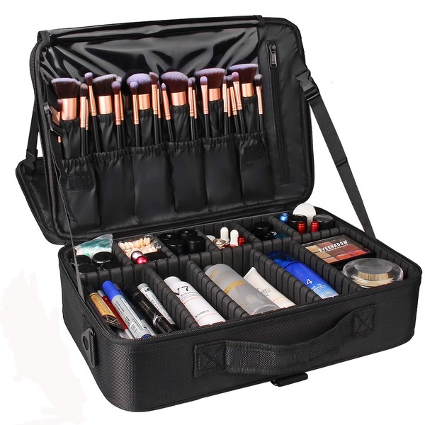 Relavel Makeup Train Case 3 Layer Large Size Professional Cosmetic Organizer Make Up Artist Box with Adjustable Shoulder (Large Black)