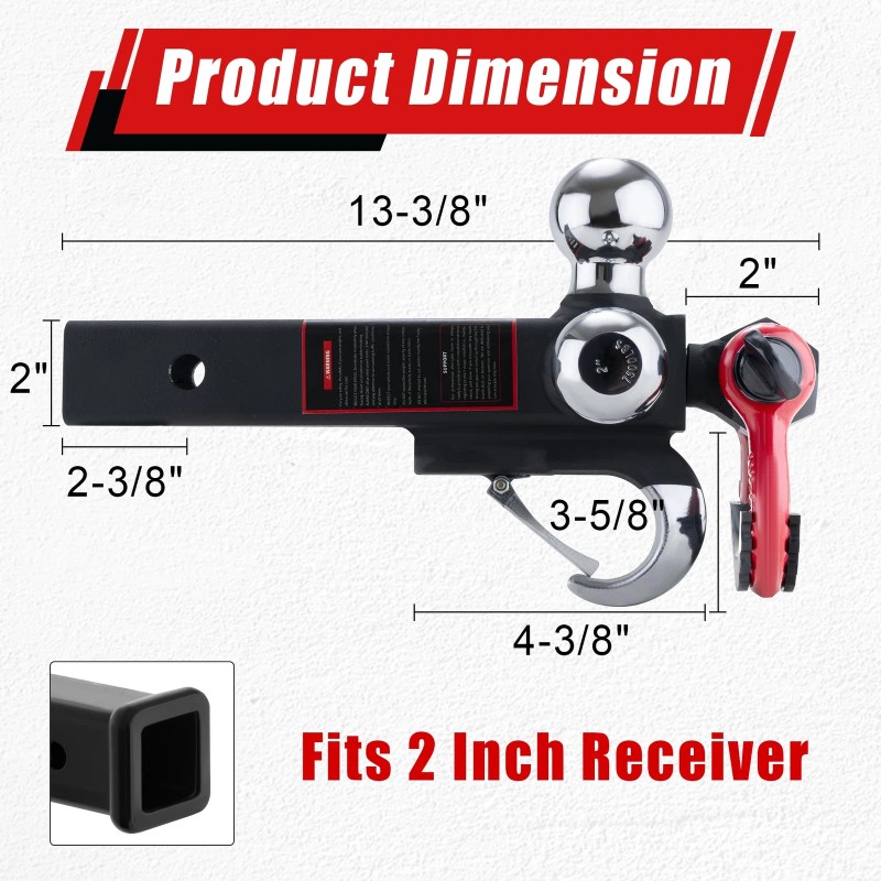 TYT Tri Ball Hitch Trailer Mount w/ Locks, Tow Hook