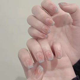 NEURAD Nail Tips, Set of 24 Nails, Short, Summer, Spring, Smoky Blue, French Teak, Fluffy, Sweet, Transparent, Skin Glossy, Room Gel, Popular, Japanese Style, Cute, Simple, Stylish, Coming of Age