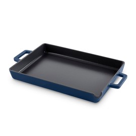 DASH Zakarian by Dash 9"x13" Nonstick Cast Iron Pan with Pour Spout and Removable Silicone Grips for Searing, Baking, Broiling, Grilling and more - Blue
