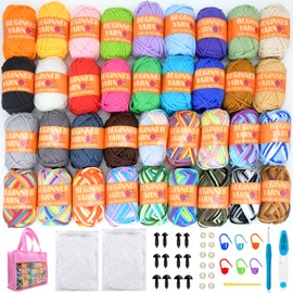 36 Pack Beginners Crochet Yarn Blue Pink Rainbow Cotton Crochet Yarn for Crocheting Knitting Beginners with Easy-to-See Stitches Easy Crochet Yarn for Beginners Crochet Kit-36x25g（Storage Bag）