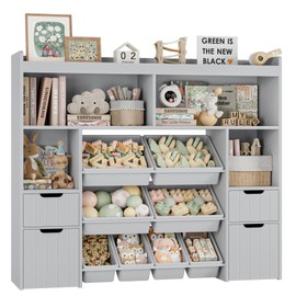HORSTORS 55" W Toy Storage Organizer with Drawers, Large Kids Toy Storage Box with Removable Bins, Tall Kids Bookshelf and Bookcase for Boys and Girls, Modern Toy Chest for Playroom, Classroom, Grey