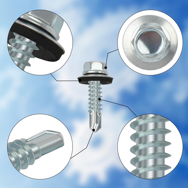 60PCS Roofing Screws with Rubber Washers 6.3x25mm Hex Head Self