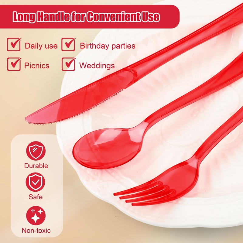 300 Piece Clear Red Plastic Silverware Disposable Plastic Cutlery Party
