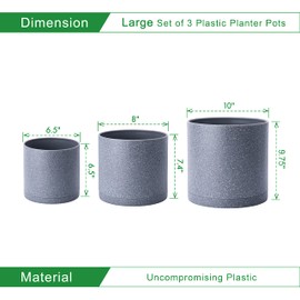 6.5 Inch 8 Inch 10 Inch, Set of 3 Plastic Planter Pots for Plants with Drainage Hole and Seamless Saucers, Speckled Gray Color, Large, 74-ES-L-6