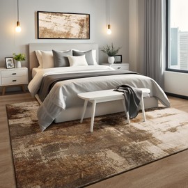 Area Rug 4x6 Modern Abstract Washable Brown Non Slip Foldable Faux Wool Vintage Carpet, Fluffy Non-Shedding for Living Room, Bedroom, Dining Room, Kids Playroom