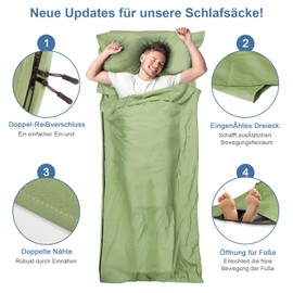LSTRAGY Sleeping Bag Liner, Updated Adult Sleep Sack & Travel Sheets with Foot Zipper, Lightweight and Portable Camping Sleeping Bag Liners - Ideal for Backpacking, Hostels and Camping(Green)