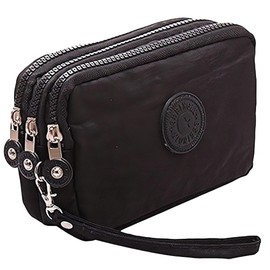 HYJMA Multifunction 3 Layers Zipper Key Card Phone Pouch Coin Money Bag Purse Wallet (Black)