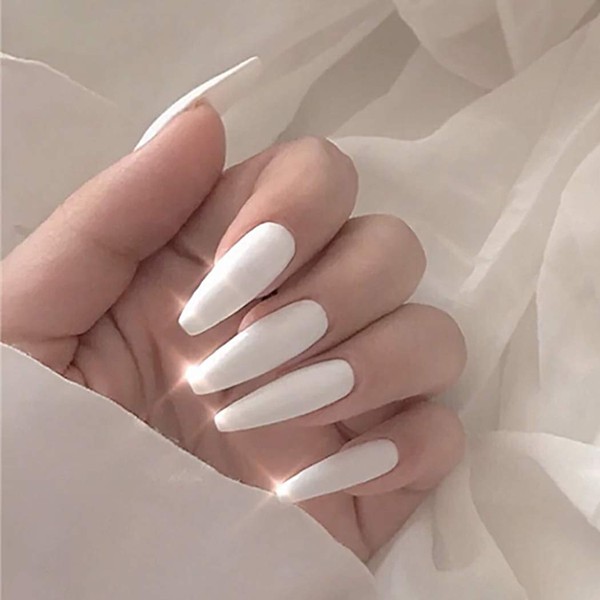 Zoestar Coffin False Nails Long White Press on Nails Shiny Full Cover Fake Nails Acrylic Stick on Nails for Women and Girls (Pack of 24)