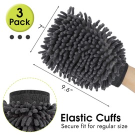 3 Pack Chenille Microfiber Car Wash Mitt, 7" x 9.8" Car Washing Mitts, Home Dusting Gloves, Scratch Free Lint-Free, Highly Absorbent, Double Sided, for Cleaning Detailing Polish (Grey)