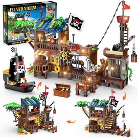 HOGOKIDS Pirate Ship House Building Set with LED Light - 3 Style Modes Pirate Wharf Supply Center Building Block Set, 781PCS STEM Bricks Kit for Kids Girls Boys Ages 6-12+ Birthday Gifts Creative Construction